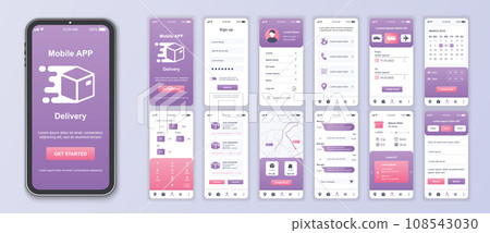 Delivery mobile app interface screens template set. Online account, logistic service, calendar, parcel calculate, tracking order. Pack of UI, UX, GUI kit for application web layout. Vector design. 108543030