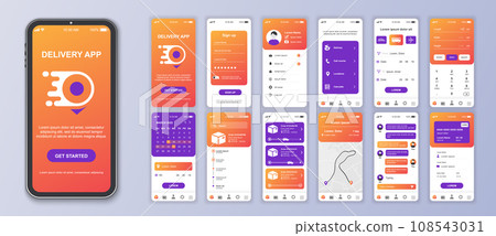 Delivery mobile app interface screens template set. Online account, courier shipping, parcel calculate, tracking order map, payment. Pack of UI, UX, GUI kit for application web layout. Vector design. Delivery mobile app interface screens template set. Online account, courier shipping, parcel calculate, tracking order map, payment. Pack of UI, UX, GUI kit for application web layout. Vector design. 108543031