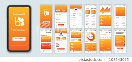 Banking mobile app interface screens template set. Online account, balance, financial statistics, credit card management, analytics. Pack of UI, UX, GUI kit for application web layout. Vector design. Banking mobile app interface screens template set. Online account, balance, financial statistics, credit card management, analytics. Pack of UI, UX, GUI kit for application web layout. Vector design. 108543035