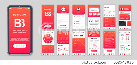 Banking mobile app interface screens template set. Online account, balance, financial management, currency exchange, navigation menu. Pack of UI, UX, GUI kit for application web layout. Vector design. Banking mobile app interface screens template set. Online account, balance, financial management, currency exchange, navigation menu. Pack of UI, UX, GUI kit for application web layout. Vector design. 108543036