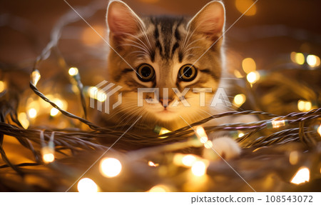 AI-generated content. little shorthair cat baby playing with a christmas fairy lights 108543072