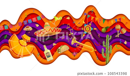 Viva Mexico paper cut waves with mexican sombrero, musical instruments, national costume and cuisine. Mexican holiday banner with vector 3d layered papercut borders, pinata, cactus, papel picado flags 108543398
