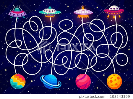 Galaxy space labyrinth maze. Help to UFO find a planet kids game vector worksheet. Cartoon fantasy space puzzle quiz with funny aliens characters in UFO, planets, stars on galaxy landscape background 108543399