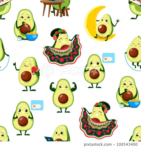 Cartoon avocado characters seamless pattern, vector background. Funny cute avocado in Mexican clothes, eating nachos chips with guacamole salsa, working on laptop and sending love message in pattern 108543400