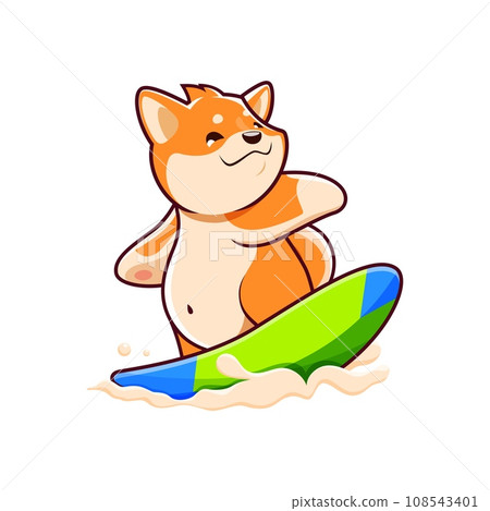 Cartoon kawaii cute pet shiba inu dog and puppy character surfing in sea. Vector playful pup riding waves, catching thrill of the ocean while balancing on a surfboard, showcasing adventurous spirit 108543401
