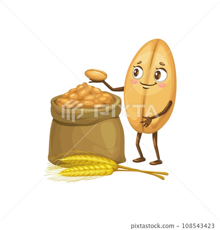 Wheat grain cartoon character or funny cereal seed kernel with harvest bag, isolated vector. Funny cute corn wheat, oat or rye grain personage for bakery bread or organic natural food package 108543423
