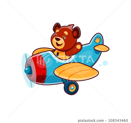 Cartoon cute bear animal character on plane or airplane, kid vector animal pilot. Funny smiling bear aviator or pilot flying on toy airplane for kids mascot or adorable cheerful zoo personage 108543460