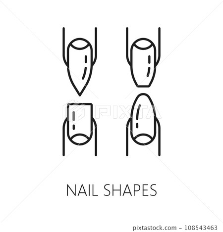 Nail shapes icons for manicure service, hands care or fingernail treatment and beauty, line vector. Nail shape types pictogram for manicure fake or false nail application and cosmetic service Nail shapes icons for manicure service, hands care or fingernail treatment and beauty, line vector. Nail shape types pictogram for manicure fake or false nail application and cosmetic service 108543463