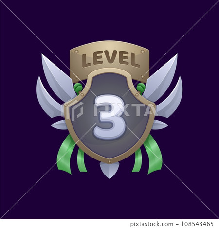 Game interface level 3 badge or win shield with swords, vector GUI trophy icon. 3 level popup badge with green ribbon flags for video game arcade next level achievement or gamer rank badge emblem 108543465