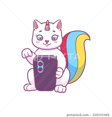Cute caticorn funny kitten character with smartphone, cat with rainbow tail. Vector animated fairytale fantasy animal with phone, magic unicorn Cute caticorn funny kitten character with smartphone, cat with rainbow tail. Vector animated fairytale fantasy animal with phone, magic unicorn 108543468