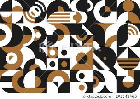 Abstract golden, black and white Bauhaus geometric pattern. Corporate identity retro design geometrical shape vector backdrop or business presentation Bauhaus pattern or vintage artwork background Abstract golden, black and white Bauhaus geometric pattern. Corporate identity retro design geometrical shape vector backdrop or business presentation Bauhaus pattern or vintage artwork background 108543469