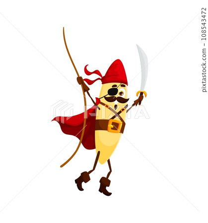Cartoon orzo italian pasta pirate and corsair character. Isolated vector filibuster macaroni daring personage wear eye patch, wielding a saber, fearlessly rides a rope, ready to conquer culinary seas Cartoon orzo italian pasta pirate and corsair character. Isolated vector filibuster macaroni daring personage wear eye patch, wielding a saber, fearlessly rides a rope, ready to conquer culinary seas 108543472