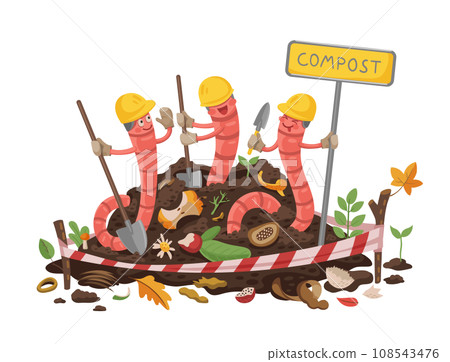 Cartoon earth worm builder characters in compost or soil humus, vector poster. Earthworms in builder hats cleaning compostable bio wastes or organic garbage with spades for farm garden vermicomposting Cartoon earth worm builder characters in compost or soil humus, vector poster. Earthworms in builder hats cleaning compostable bio wastes or organic garbage with spades for farm garden vermicomposting 108543476
