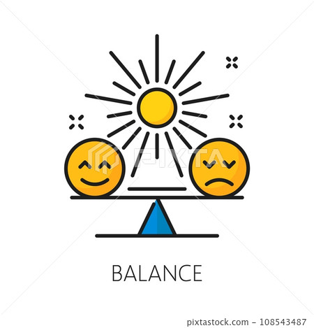 Balance, mental health icon. Vector linear symbol of scales, depicts harmony between emotions, thoughts, and behaviors, fostering overall wellbeing and enhances resilience in the face of challenges Balance, mental health icon. Vector linear symbol of scales, depicts harmony between emotions, thoughts, and behaviors, fostering overall wellbeing and enhances resilience in the face of challenges 108543487