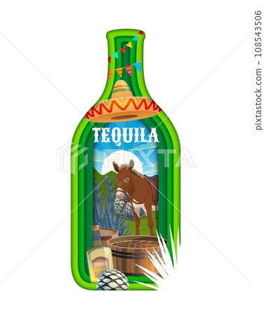 Paper cut Mexican tequila bottle. Vector 3d papercut frame in shape of glass flask with intricately crafted layers, donkey in desert, sombrero, wooden barrels with drink and agave plant of Mexico Paper cut Mexican tequila bottle. Vector 3d papercut frame in shape of glass flask with intricately crafted layers, donkey in desert, sombrero, wooden barrels with drink and agave plant of Mexico 108543506