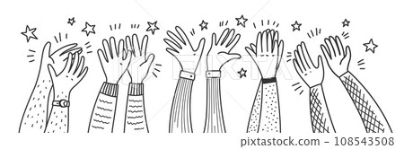 Doodle applause hands of people clapping or happy audience, cartoon vector background. Hands up applauding for success with stars on concert, celebration or congratulation, support and greeting bravo Doodle applause hands of people clapping or happy audience, cartoon vector background. Hands up applauding for success with stars on concert, celebration or congratulation, support and greeting bravo 108543508