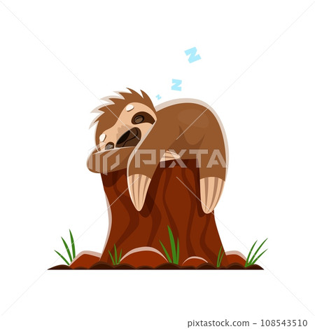 Cartoon sloth character peacefully sleep on a tree stump, its eyes closed and a content smile on its face. Vector cute tropical animal lounges or dozing with relaxed expression captures tranquility Cartoon sloth character peacefully sleep on a tree stump, its eyes closed and a content smile on its face. Vector cute tropical animal lounges or dozing with relaxed expression captures tranquility 108543510