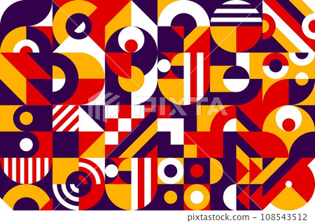 Abstract Bauhaus yellow, orange and purple geometric pattern. Artwork color background, vintage Bauhaus vector print or corporate identity retro pattern. Business presentation geometrical backdrop 108543512