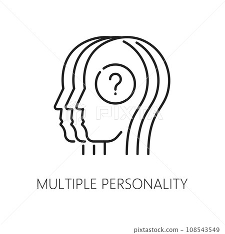 Multiple personality, psychological disorder problem and mental health icon, vector outline. Multiple personality disorder or dissociative split identity mental problem icon of question in person head 108543549
