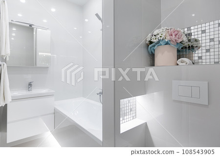 Interior bathroom with white tiles 108543905