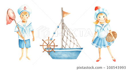Set of watercolor sea compositions. Cute little sailor boy and girl in marine suits with fishing net, shell and toy boat. Marine illustration for kids. Hand painted on white background. For children 108543993