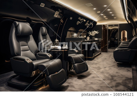 Luxurious salon of genuine dark leather in business jet. Generative AI Luxurious salon of genuine dark leather in business jet. Generative AI 108544121