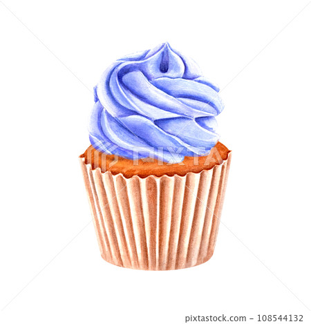 Delicious cupcake in paper wrapper decorated with blue cream. Muffin, baked cake. Cream with blue clitoria powder. Watercolor illustration for package, menu, recipe, label 108544132