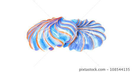 Baked meringue cookies or meringa. Whipped Cream. Blue sweet dessert with orange strips. Watercolor illustration. For package, menu, recipe, label Baked meringue cookies or meringa. Whipped Cream. Blue sweet dessert with orange strips. Watercolor illustration. For package, menu, recipe, label 108544135