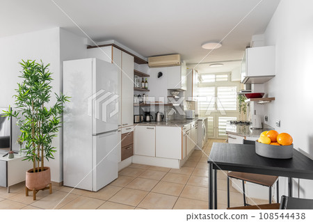 Kitchen area adjacent with living area in smart apartment Kitchen area adjacent with living area in smart apartment 108544438