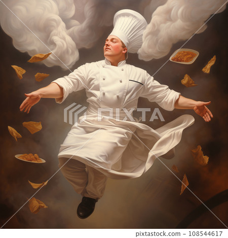 Chef flying in front of clouds holding plates of meal. Chef flying through the air by a sky, in style of dreamy realism 108544617