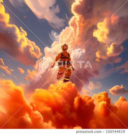 Firefighter in the sky or fireman with gas mask and helmet going out into the cloud 108544619