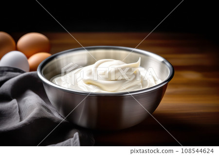 Metal bowl with whisk for preparation of whipped cream, homemade sour cream or hand cream. Pure creamy background Metal bowl with whisk for preparation of whipped cream, homemade sour cream or hand cream. Pure creamy background 108544624