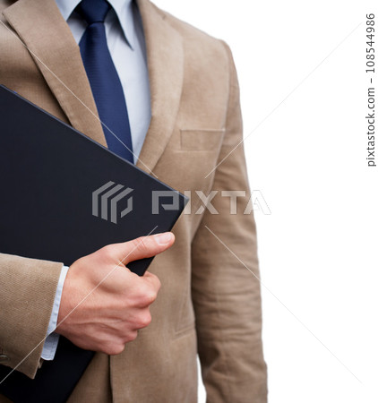 Businessman, hand and holding of folder in closeup on white background in studio for corporate mockup. Male entrepreneur, boss or manager with paperwork in preparation for meeting, research or event Businessman, hand and holding of folder in closeup on white background in studio for corporate mockup. Male entrepreneur, boss or manager with paperwork in preparation for meeting, research or event 108544986
