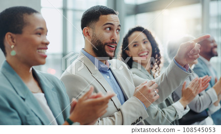 Clapping, business people and happy at a conference with teamwork and motivation in office. Discussion, staff cheer and collaboration with professional team at a seminar with workforce and solidarity Clapping, business people and happy at a conference with teamwork and motivation in office. Discussion, staff cheer and collaboration with professional team at a seminar with workforce and solidarity 108545053