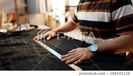 Man, designer and fabric for startup, business and hands for work. Creating, workshop and design studio for clothes, entrepreneur and creativity as clothing stylist, working and fashion seamstress 108545128