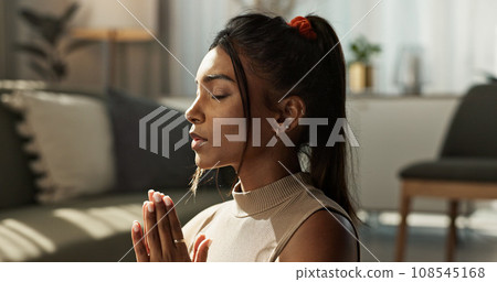Woman, yoga and meditation on floor, namaste and peace for chakra, relax or breathe in home living room. Girl, faith and spiritual balance for pilates workout, wellness or fitness for zen mindfulness Woman, yoga and meditation on floor, namaste and peace for chakra, relax or breathe in home living room. Girl, faith and spiritual balance for pilates workout, wellness or fitness for zen mindfulness 108545168
