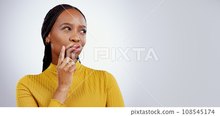 Woman, face and thinking in studio of ideas, mindfulness and solution for problem solving on white background. Black person, thoughtful and wondering for business or creative plan on mock up space Woman, face and thinking in studio of ideas, mindfulness and solution for problem solving on white background. Black person, thoughtful and wondering for business or creative plan on mock up space 108545174