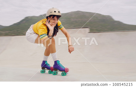 Rollerskate, extreme sports and woman with perfect sign or hand gesture in a skate park with mockup outdoors. Athlete, skater and female skating, practicing or training with safety helmet 108545215