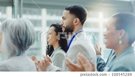 Business people, motivation and applause at conference, workshop or convention with work audience. Crowd, employees and company workers with clapping for achievement of group for presentation Business people, motivation and applause at conference, workshop or convention with work audience. Crowd, employees and company workers with clapping for achievement of group for presentation 108545289