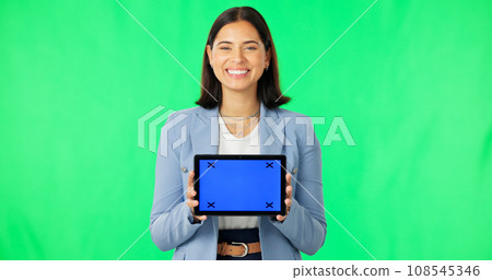 Green screen portrait, tablet and professional happy woman presentation of agency news, commercial or network brand. Tracking markers, mockup data space and agent web information on studio background 108545346
