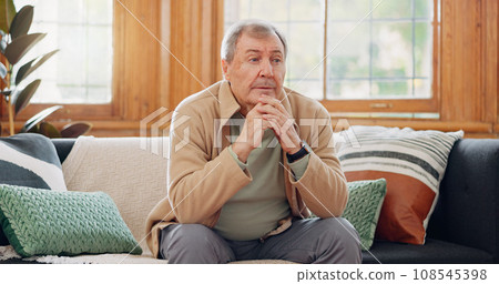 Home, thinking and senior man with anxiety, sad or retirement with depression, mental health or dementia. Mature person, elderly guy or pensioner with walking stick, alzheimer or remember in a lounge 108545398
