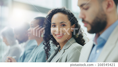 Portrait, group and woman in a workshop, business people and conference with planning, feedback and lens flare. Face, person and employee in a meeting, staff and consultant with seminar and coaching 108545421