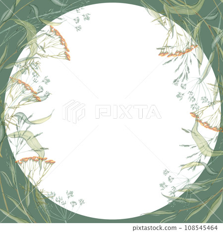 Watercolor frame of bouquet meadow leaves and yellow tansy, flowers, branches and wild dry grass. Evergreen grass field in nature, meadow in springtime. Summer botany, natural elements. Natural green Watercolor frame of bouquet meadow leaves and yellow tansy, flowers, branches and wild dry grass. Evergreen grass field in nature, meadow in springtime. Summer botany, natural elements. Natural green 108545464
