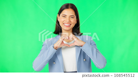 Portrait, heart hands and woman with green screen, business and kindness on a studio background. Face, happy person and model with promotion, symbol for love and feedback with employee and review 108545512