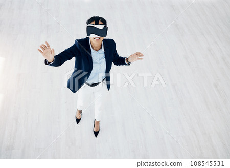 Business woman, vr headset and future game with professional in office with innovation and mockup. Virtual reality glasses, female employee and above view with ai, 3d and platform for testing Business woman, vr headset and future game with professional in office with innovation and mockup. Virtual reality glasses, female employee and above view with ai, 3d and platform for testing 108545531