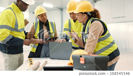 Construction site, laptop and people in discussion for planning, maintenance and renovation in building. Architecture, engineering and men and women on computer for inspection, development and design Construction site, laptop and people in discussion for planning, maintenance and renovation in building. Architecture, engineering and men and women on computer for inspection, development and design 108545546
