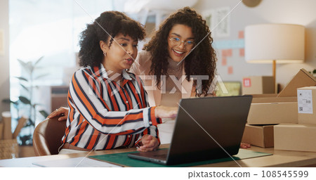 Businesswoman, laptop and strategy for logistics in office for planning of delivery for retail store. Female entrepreneur, collaboration and discussion of best route for package distribution in city 108545599