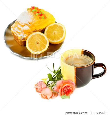 Cup with hot chocolate and and lemon cake isolated on white. Collage. 108545618