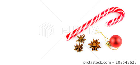 Christmas decor isolated on white . Free space for text. Wide photo. 108545625