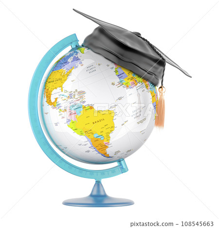 World Globe with square academic cap. International education concept, 3D rendering 108545663